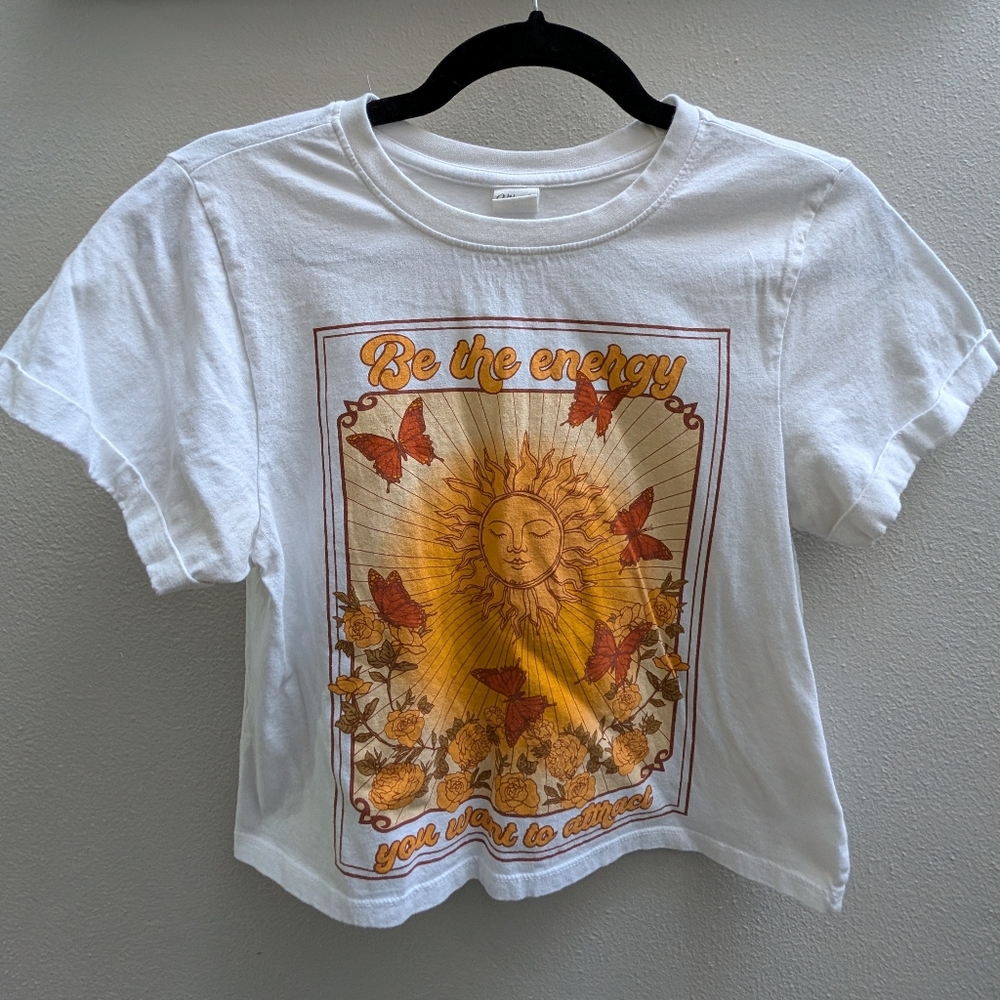 White Graphic Tee with Sun and Butterflies